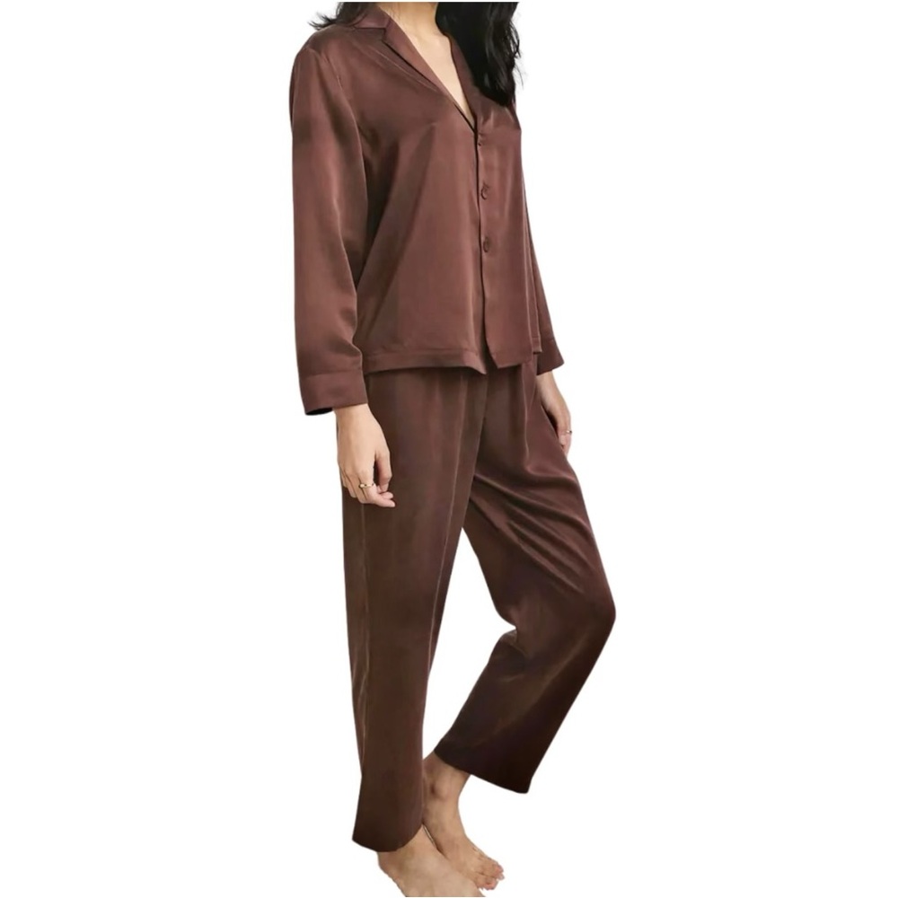 LUNYA Washable Silk Long Sleeve Pant Set - 2 Piece Brown Pajama Top & Bottom - L